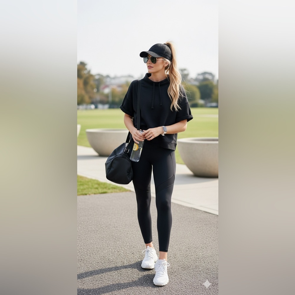 🛍️ Lilla P Black Cotton Short Sleeve Drawstring Mock Neck Cropped Sweatshirt M